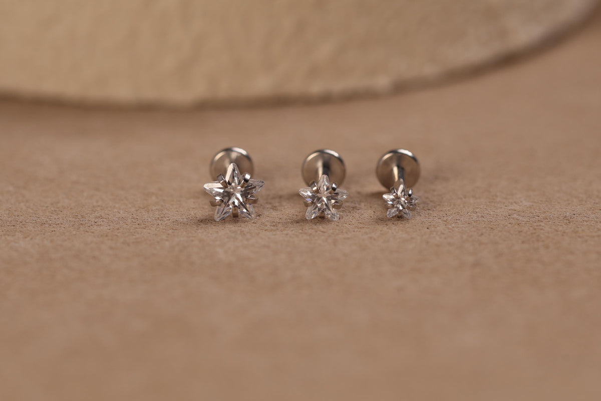 16G/18G/20G Titanium Crystal Starburst Threadless Flat Back Earring, Titanium Push Pin Labret Stud, Celestial Helix Tragus Conch N207