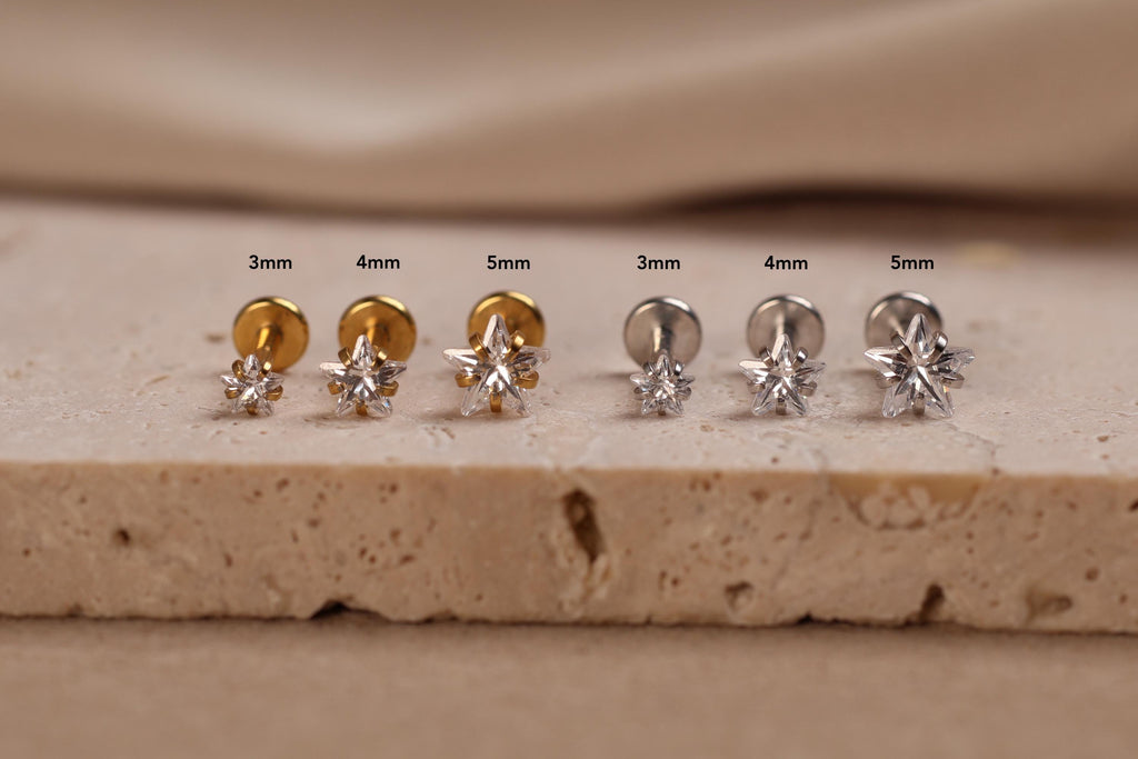 16G/18G/20G Titanium Crystal Starburst Threadless Flat Back Earring, Titanium Push Pin Labret Stud, Celestial Helix Tragus Conch N207
