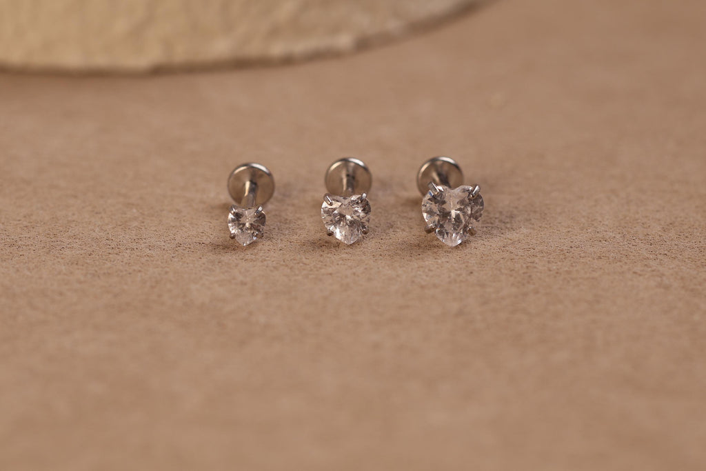16G/18G/20G Titanium Heart CZ Threadless Flat Back Earring, Titanium Push Pin Labret Stud, Crystal Helix Tragus Conch Lobe Piercing
