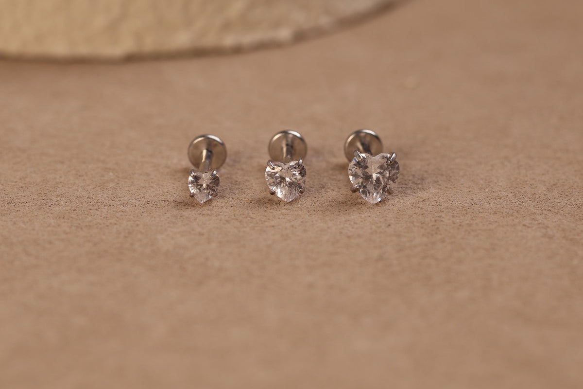 16G/18G/20G Titanium Heart CZ Threadless Flat Back Earring, Titanium Push Pin Labret Stud, Crystal Helix Tragus Conch Lobe Piercing