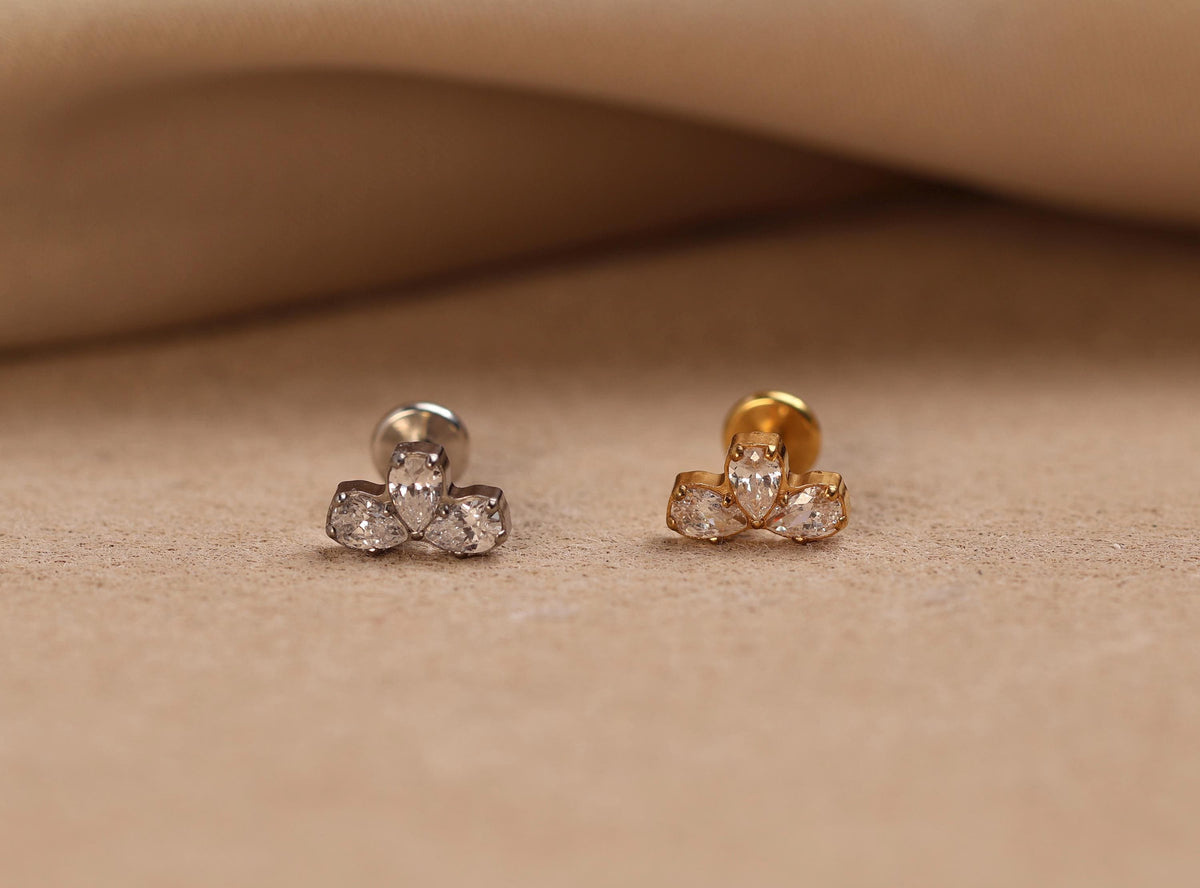 16G/18G/20G Titanium Three Pear Crystal Cluster Threadless Flat Back Earring, Titanium Push Pin Labret, Helix Flat Tragus Lobe N214