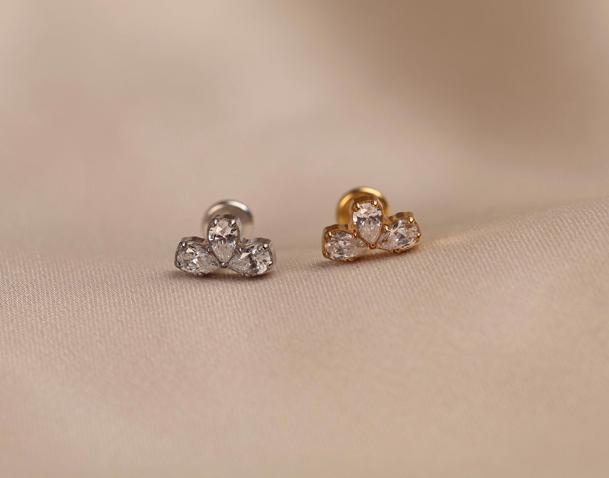 16G/18G/20G Titanium Three Pear Crystal Cluster Threadless Flat Back Earring, Titanium Push Pin Labret, Helix Flat Tragus Lobe N214