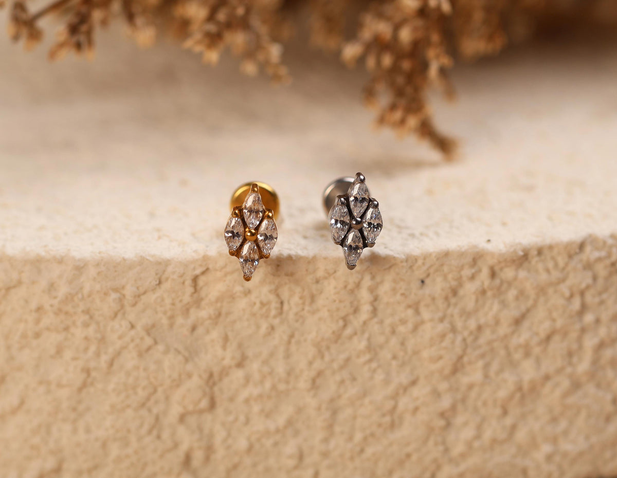16G/18G/20G Titanium Four Marquise Crystal Cluster Threadless Flat Back Earring, Titanium Push Pin Labret, CZ Leaf Helix Flat Tragus N205
