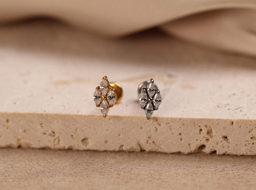 16G/18G/20G Titanium Four Marquise Crystal Cluster Threadless Flat Back Earring, Titanium Push Pin Labret, CZ Leaf Helix Flat Tragus N205