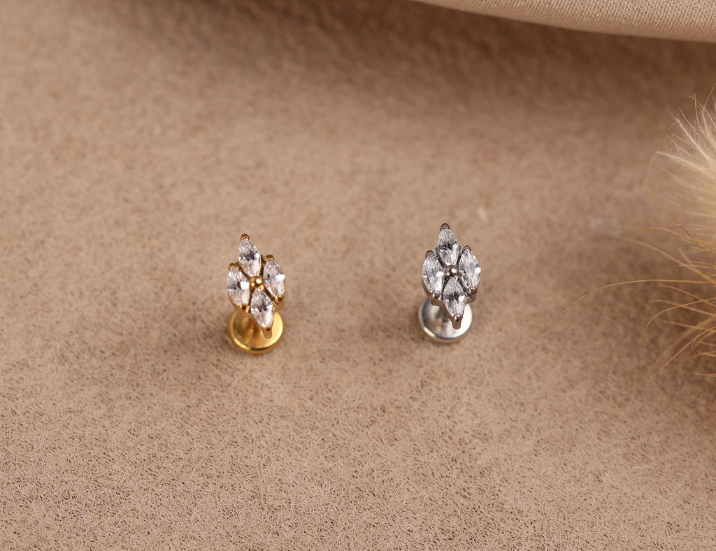 16G/18G/20G Titanium Four Marquise Crystal Cluster Threadless Flat Back Earring, Titanium Push Pin Labret, CZ Leaf Helix Flat Tragus N205