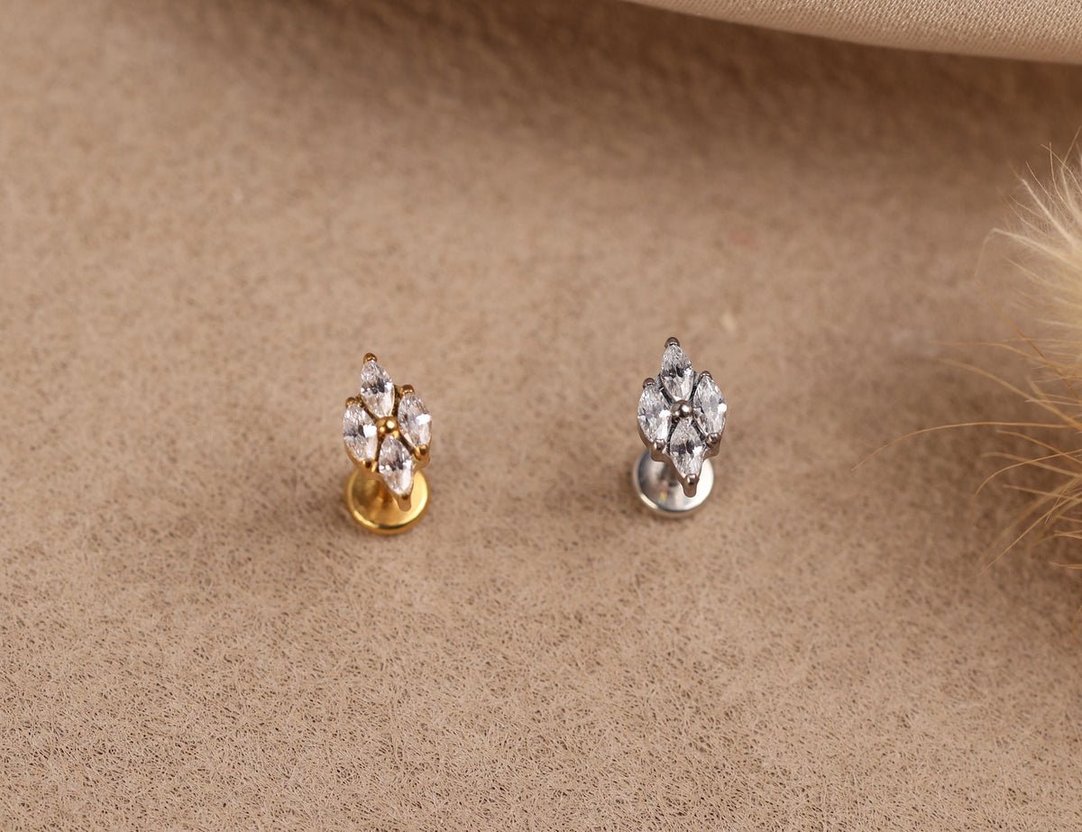 16G/18G/20G Titanium Four Marquise Crystal Cluster Threadless Flat Back Earring, Titanium Push Pin Labret, CZ Leaf Helix Flat Tragus N205
