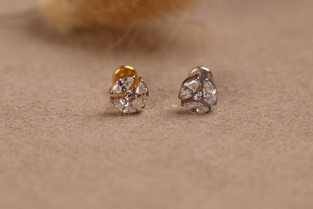 16G/18G/20G Titanium Marquise Pinwheel Crystal Threadless Flat Back Earring, Titanium Push Pin Labret, CZ Flower Helix Flat Tragus N204