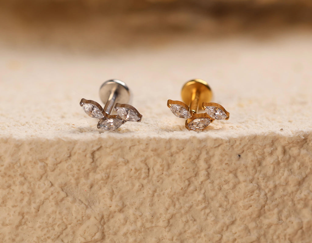16G/18G/20G Titanium Delicate Marquise Leaf Threadless Flat Back Earring, Titanium Push Pin Labret, CZ Cluster Helix Flat Tragus N202