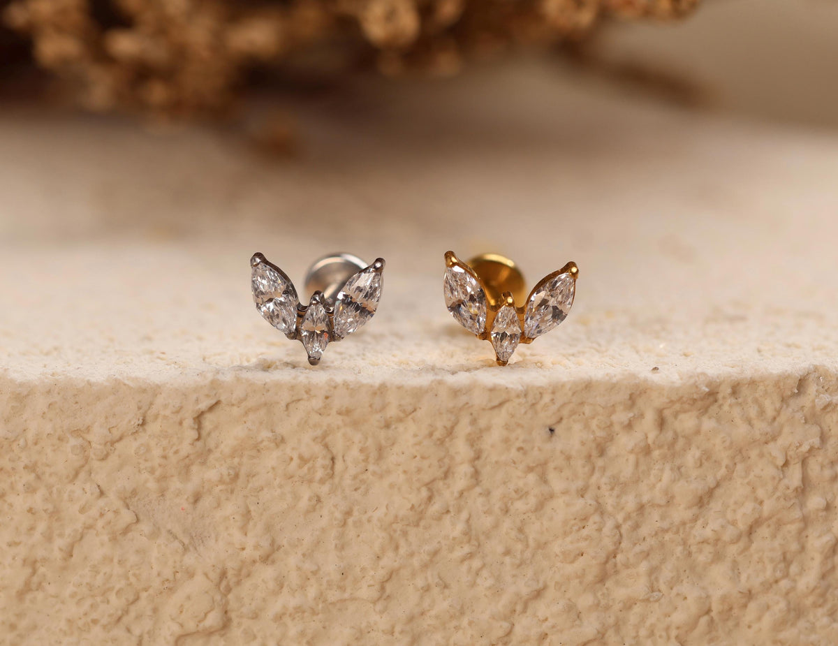 16G/18G/20G Titanium Crystal Lotus Crown Flat Back Earring, Marquise CZ Threadless Titanium Labret, Sparkling Helix Flat Lobe N201