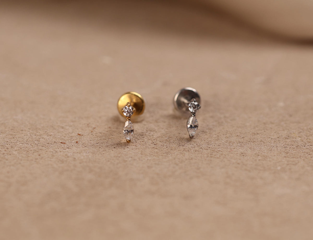 16G/18G/20G Titanium Starlight Drop Flat Back Earring, Round and Marquise CZ Threadless Titanium Labret, Dainty Celestial Helix Lobe N200
