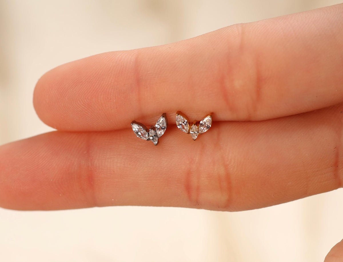 16G/18G/20G Titanium Crystal Lotus Crown Flat Back Earring, Marquise CZ Threadless Titanium Labret, Sparkling Helix Flat Lobe N201