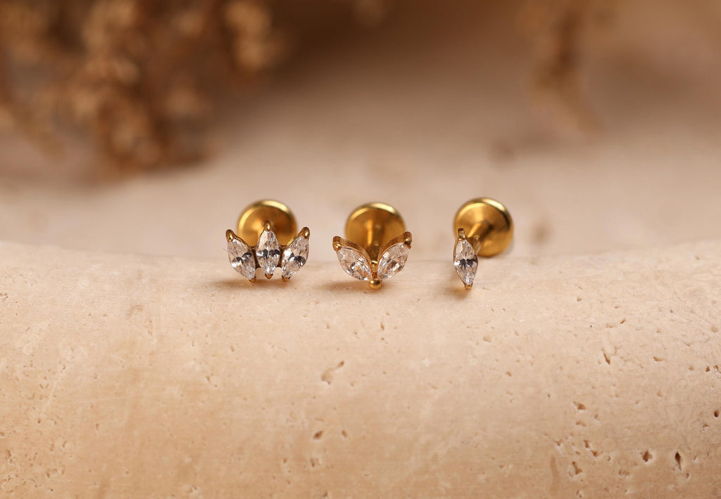 16G/18G/20G Titanium Secret Garden Threadless Earring Set,  Marquise Flat Back Stud, Helix Conch Tragus Stud, Earring Gift Set, S108