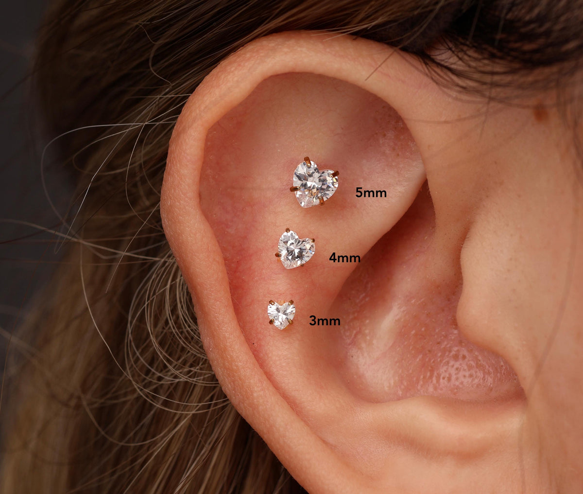 16G/18G/20G Titanium Heart CZ Threadless Flat Back Earring, Titanium Push Pin Labret Stud, Crystal Helix Tragus Conch Lobe Piercing