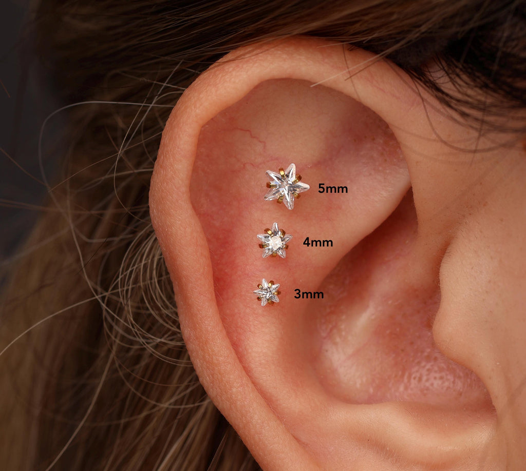 16G/18G/20G Titanium Crystal Starburst Threadless Flat Back Earring, Titanium Push Pin Labret Stud, Celestial Helix Tragus Conch N207