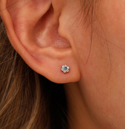 16G/18G/20G Titanium Aquamarine Floral Threadless Flat Back Earring, Titanium Push Pin Labret, Daisy CZ Helix Tragus Flat Lobe N203