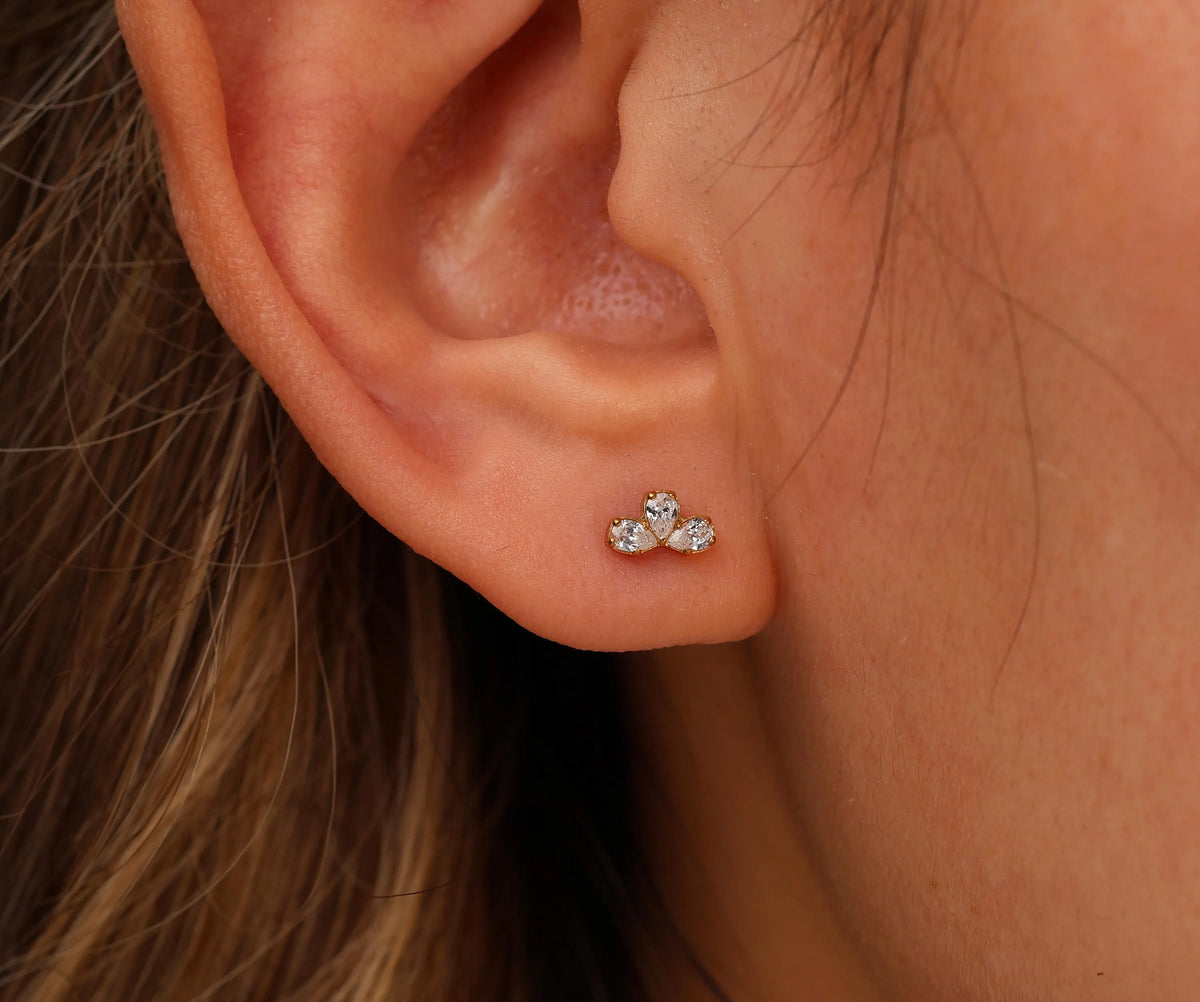 Titanium Three Pear Crystal Cluster Threadless Flat Back Earring