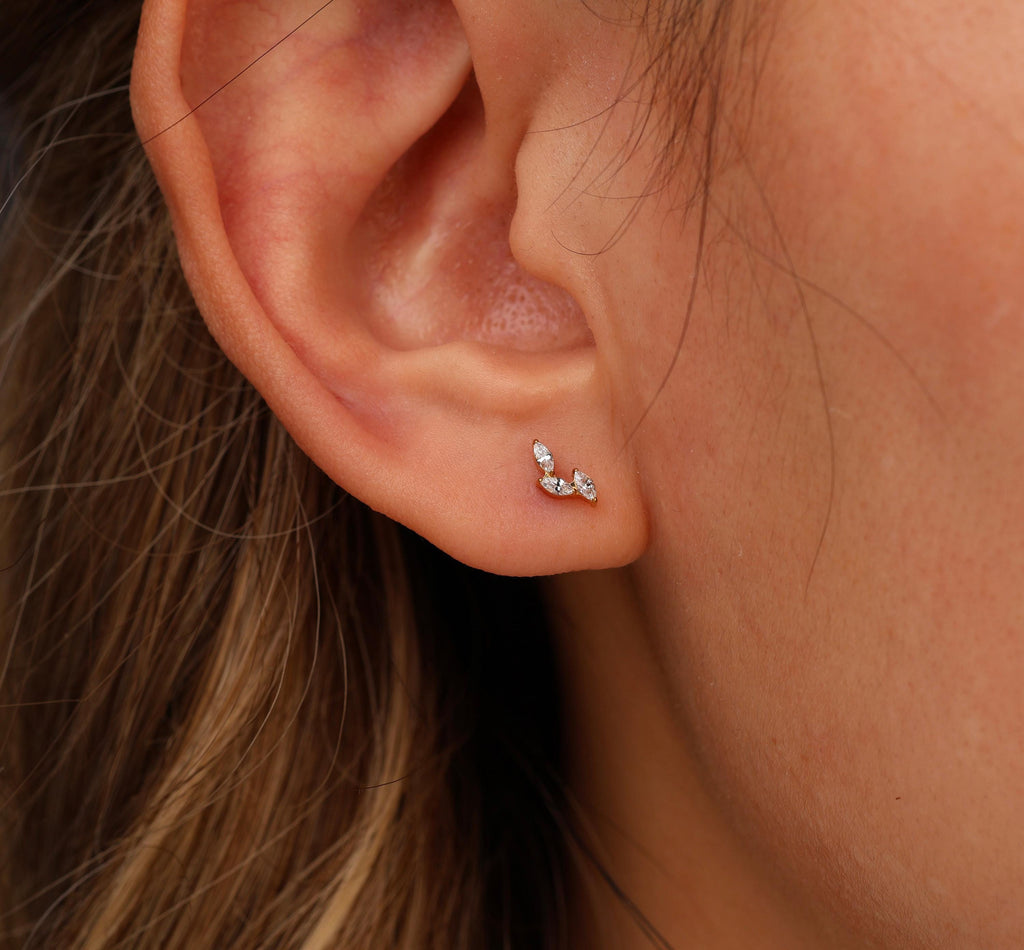 16G/18G/20G Titanium Delicate Marquise Leaf Threadless Flat Back Earring, Titanium Push Pin Labret, CZ Cluster Helix Flat Tragus N202